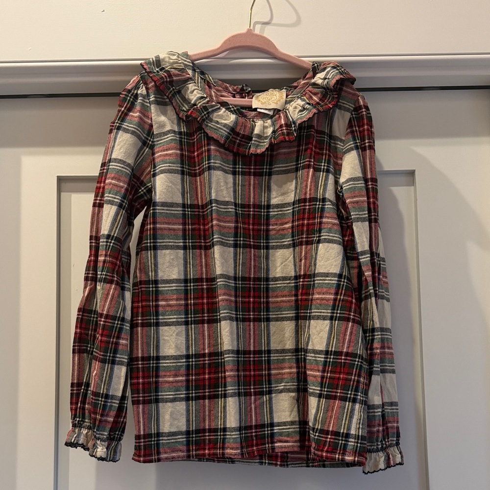 The Beaufort Bonnet Company Girls Red and Cream Plaid Ruffle Neck Top